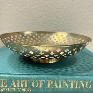 Vintage Cut Out Pierced Brass Bowl Enamel Boho Patina Distressed Made India